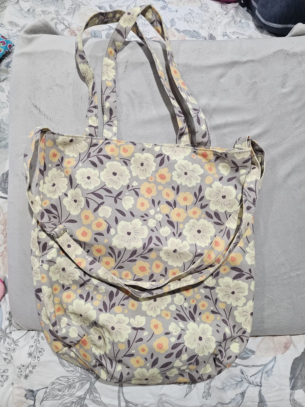 Floral Canvas Tote Bag in Cream and Purple - Unbranded